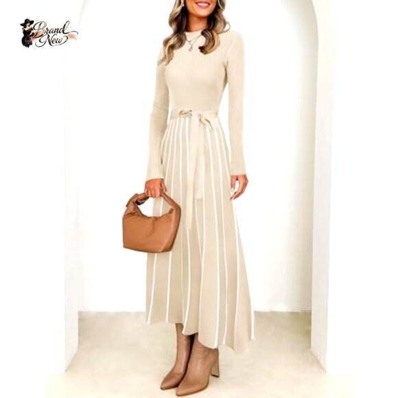 Turtleneck Long Sleeve Sweater Dress Tie Waist Loose Ribbed Knit Midi - Picture 3 of 7